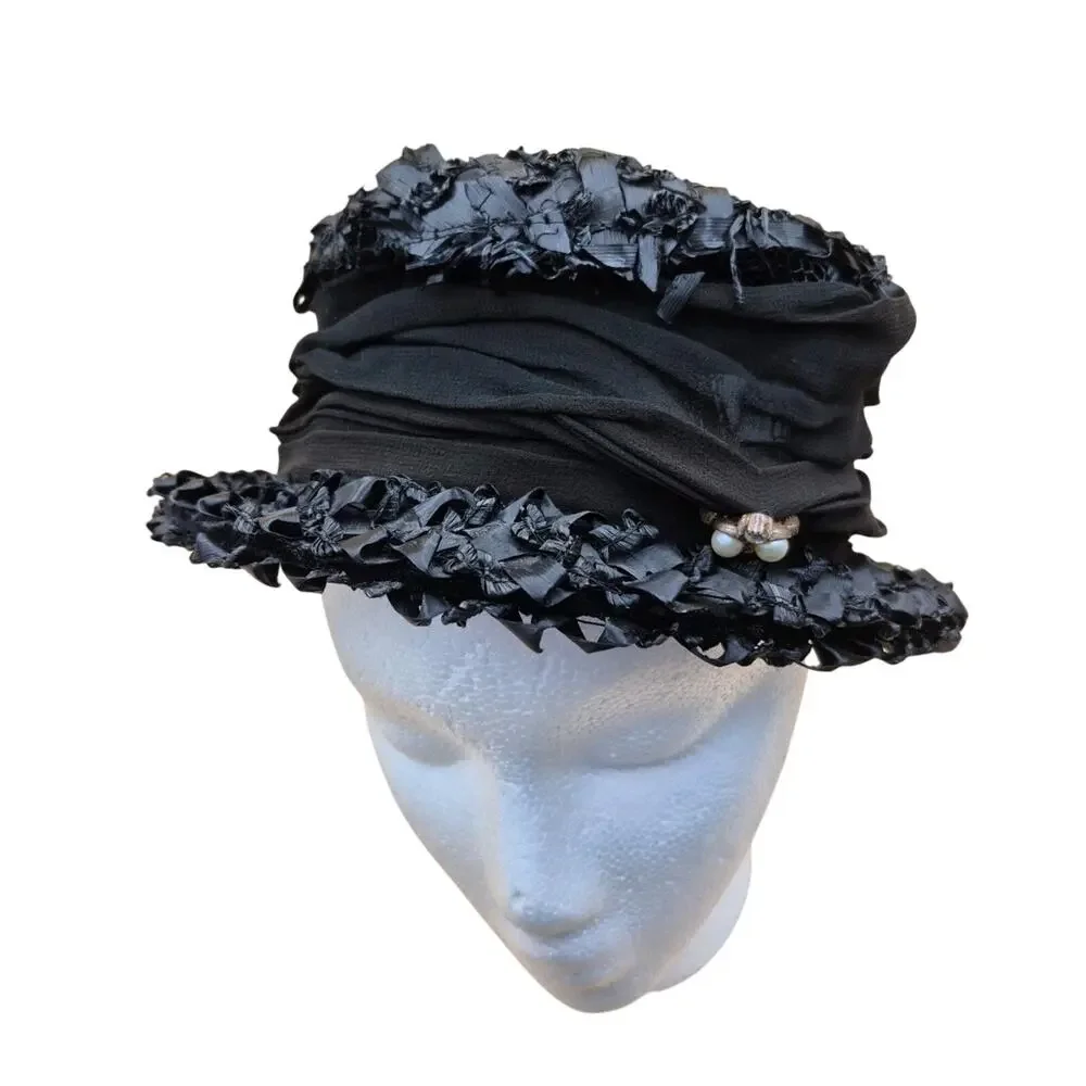 Vintage Womens Black Straw Trilby Hat with Pearl & Rhinestone Pin Accent Small